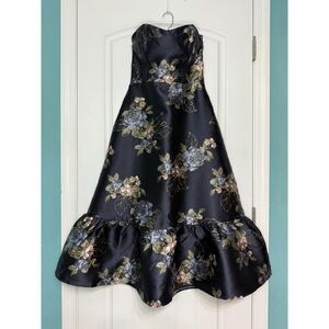 Lulus Yashelle Navy Floral Taffeta Strapless Corset Dress Large Wedding Party